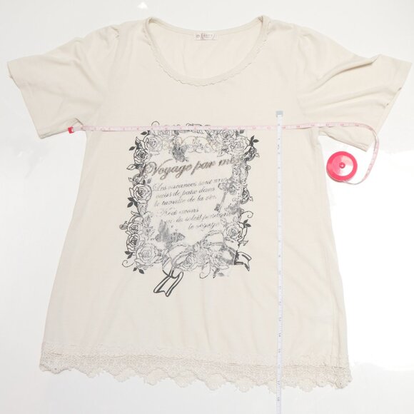 Cream French Graphic Script Print Lace Trim Tee 🇫🇷 AXES FEMME - Picture 10 of 11